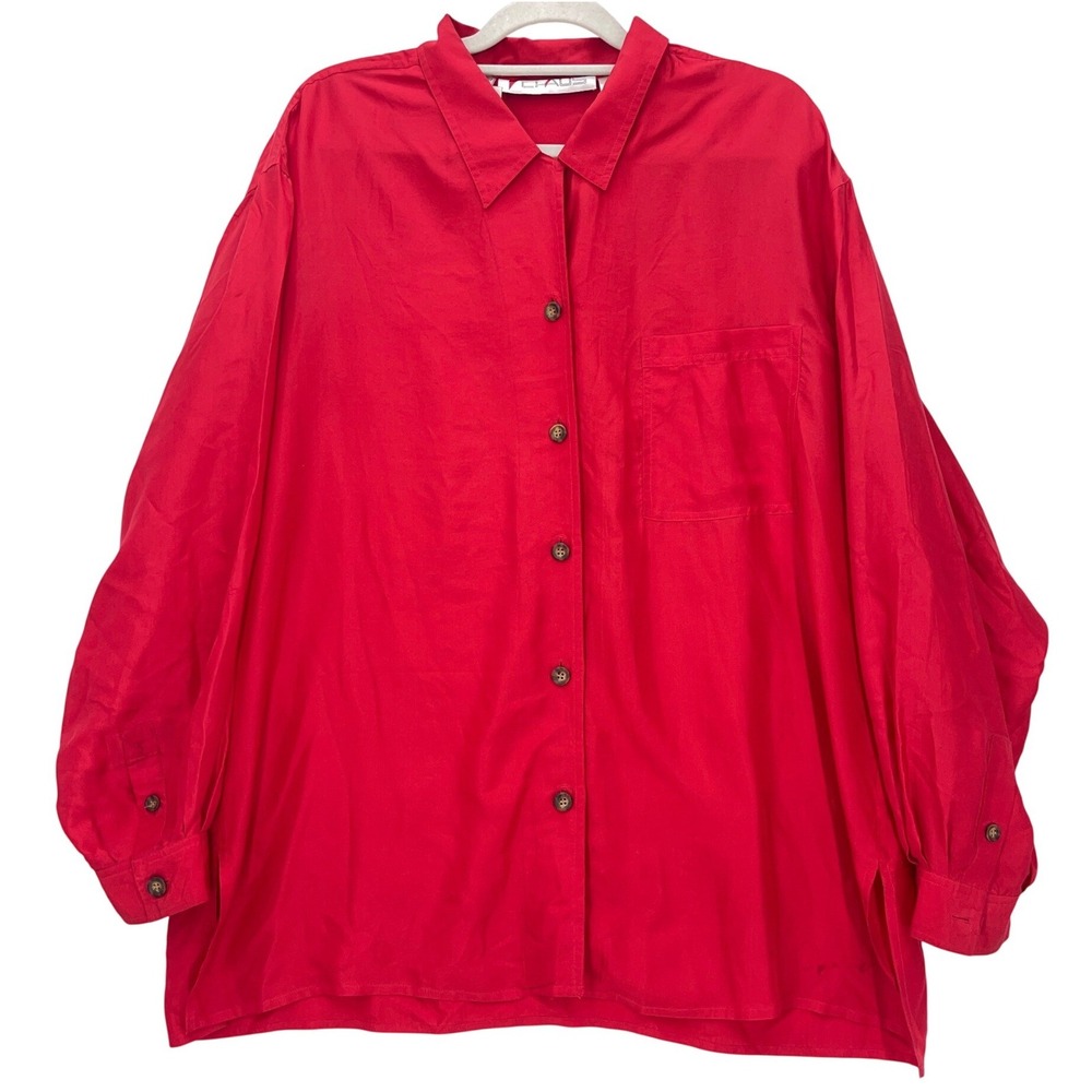 Vtg 80s Chaus Red Button Front Silk Shirt 18 Long Sleeve Collared Top Plus Curvy
